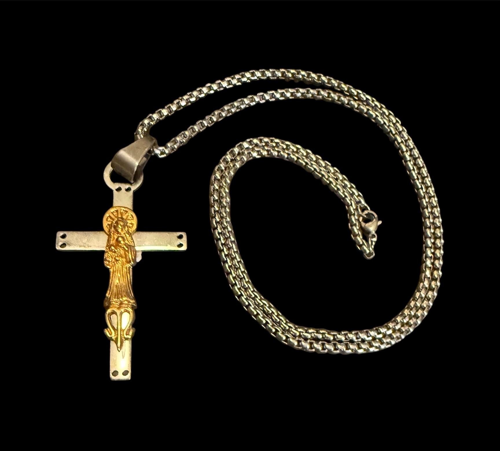 Santa Muerte Cross Necklace + Protection + Money + Blessed + Love + Made in Mexico + Stainless Steel
