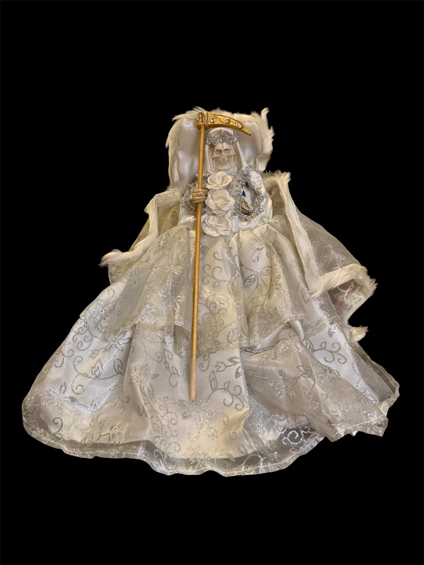 12” Santa Muerte Blanca Statue with Dress + Baptized + Fixed + Purity + Made in Mexico + 24K Gold Leaf on Scythe
