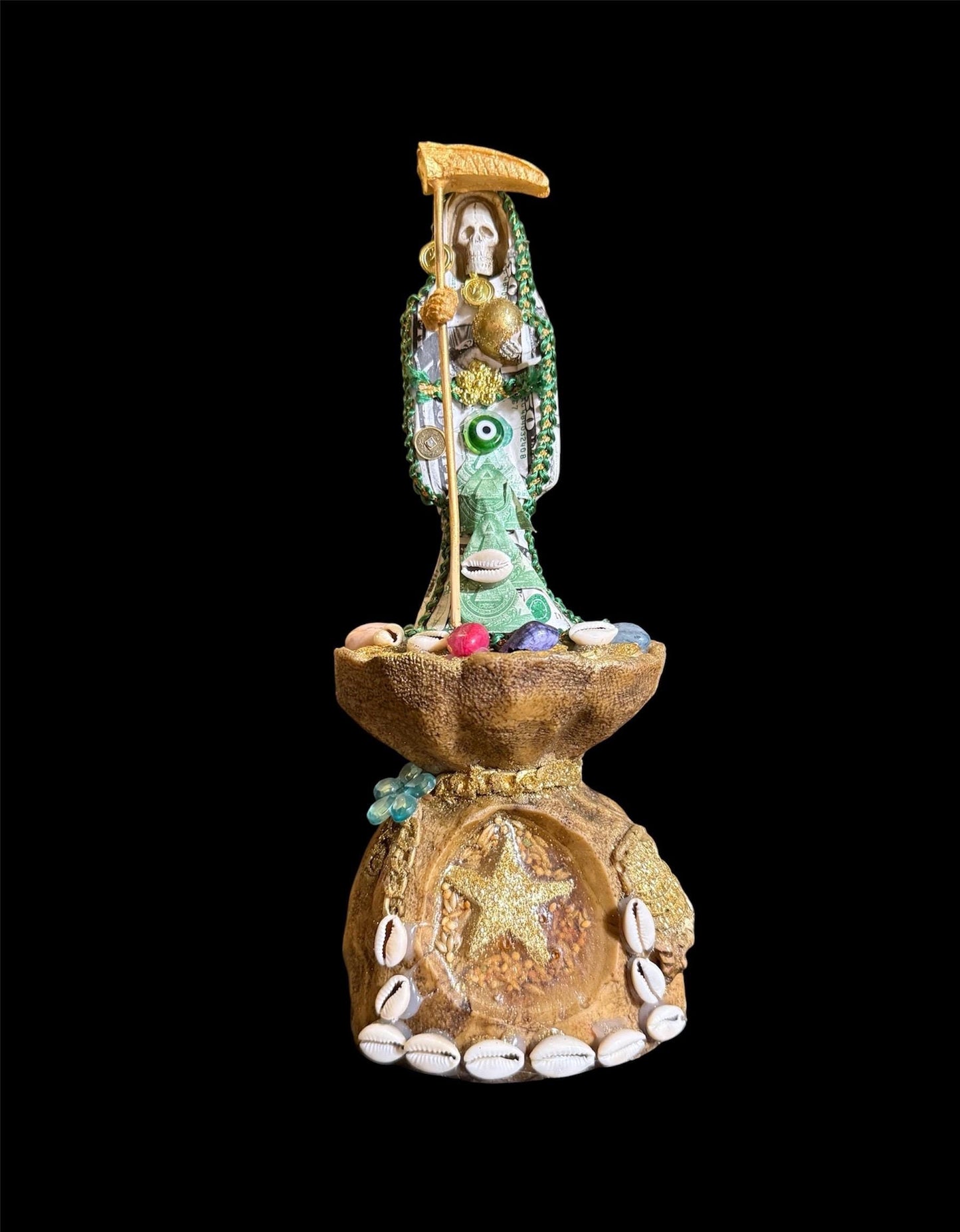 Santa Muerte Money Bag Statue + Abundance + Prosperity + Wealth + Baptized + 24K Gold + Fixed + Made in Mexico