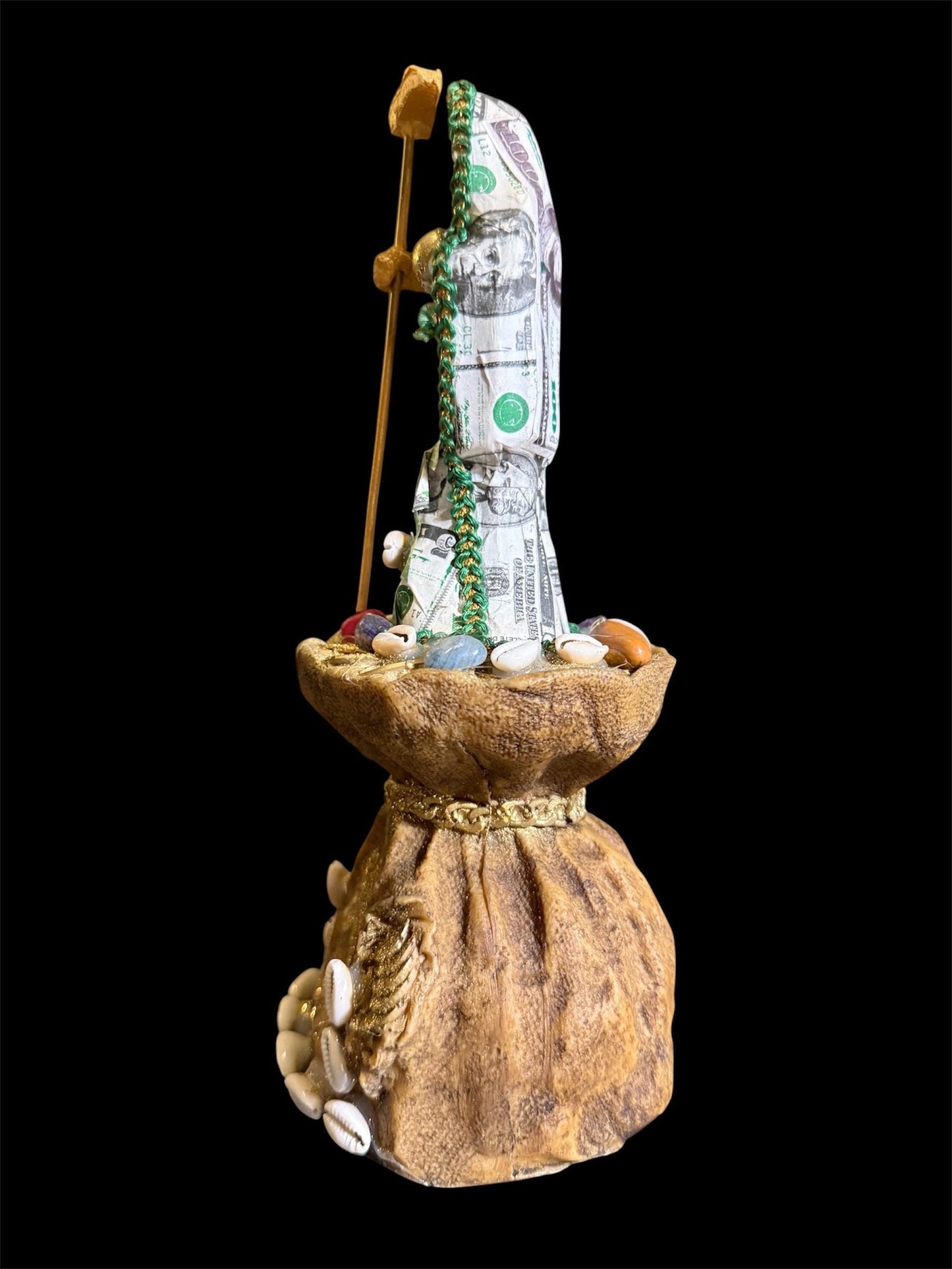Santa Muerte Money Bag Statue + Abundance + Prosperity + Wealth + Baptized + 24K Gold + Fixed + Made in Mexico
