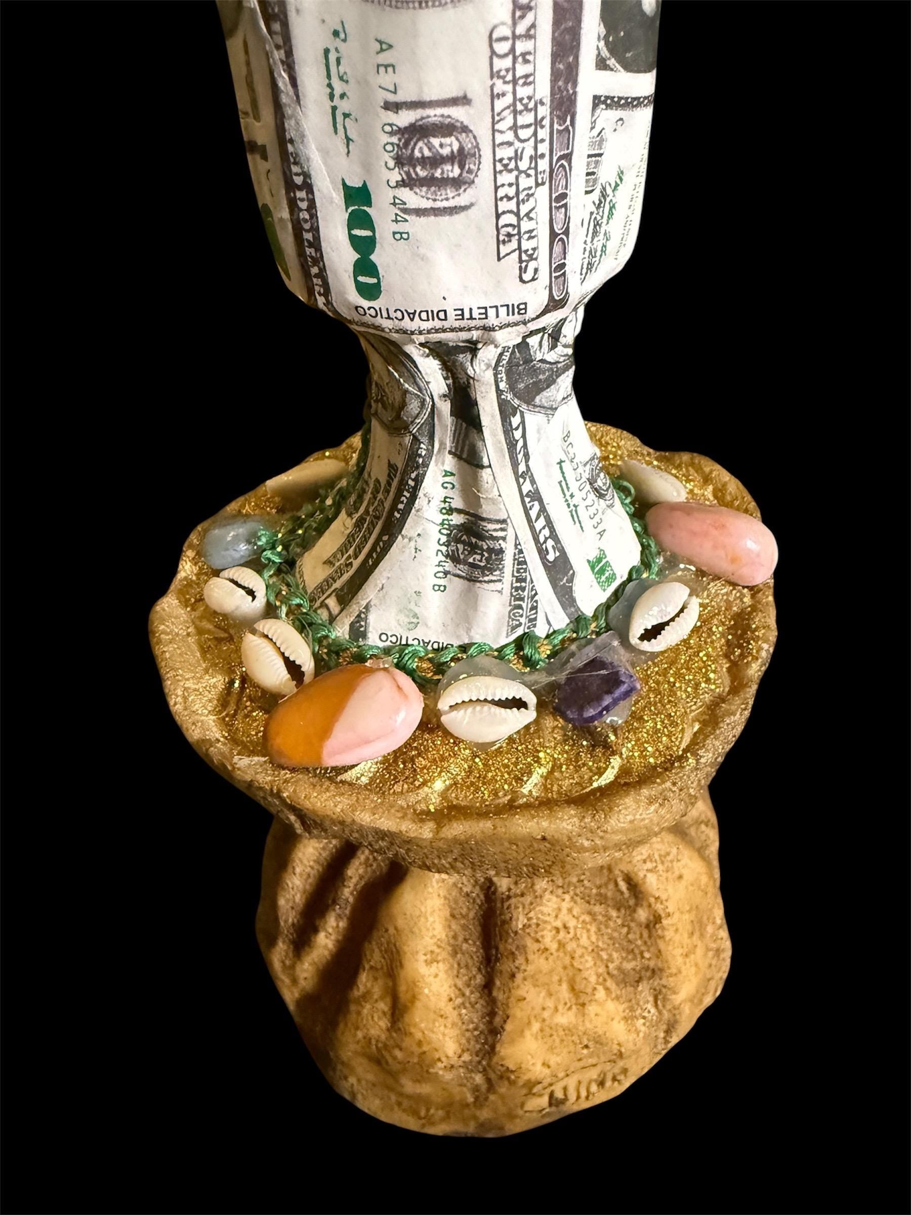 Santa Muerte Money Bag Statue + Abundance + Prosperity + Wealth + Baptized + 24K Gold + Fixed + Made in Mexico