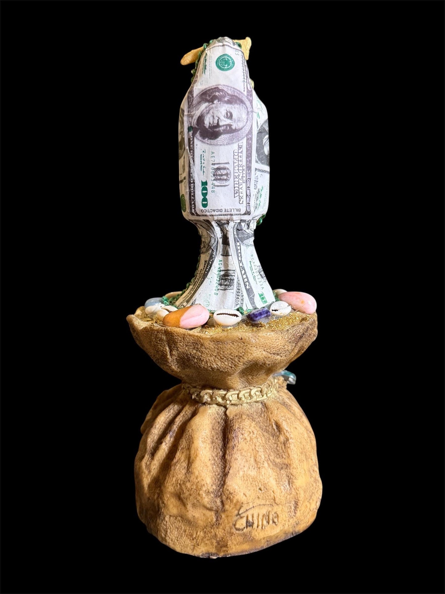 Santa Muerte Money Bag Statue + Abundance + Prosperity + Wealth + Baptized + 24K Gold + Fixed + Made in Mexico