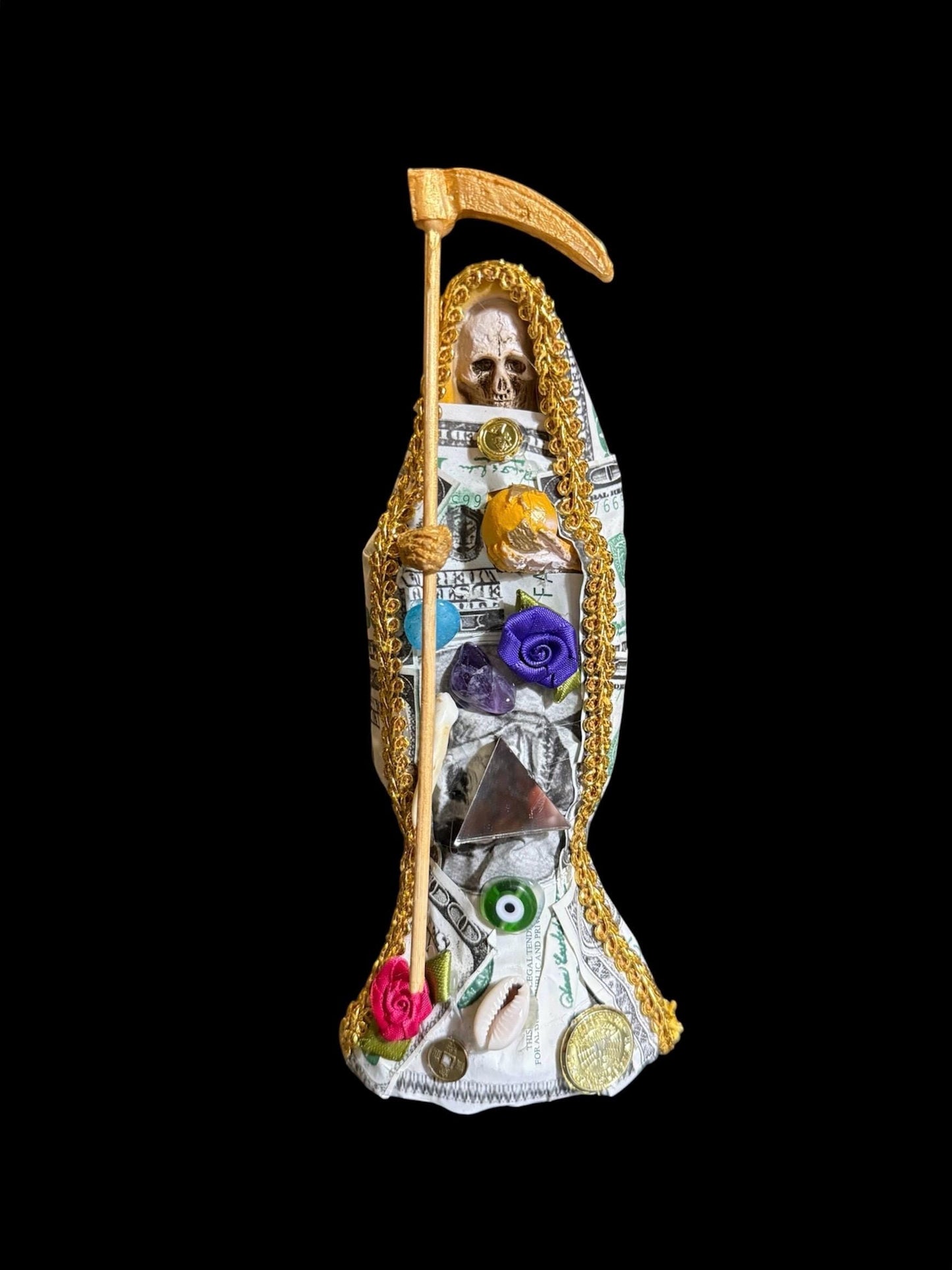 Santa Muerte Money Statue + Abundance + Prosperity + Wealth + Baptized + 24K Gold + Fixed + Made in Mexico