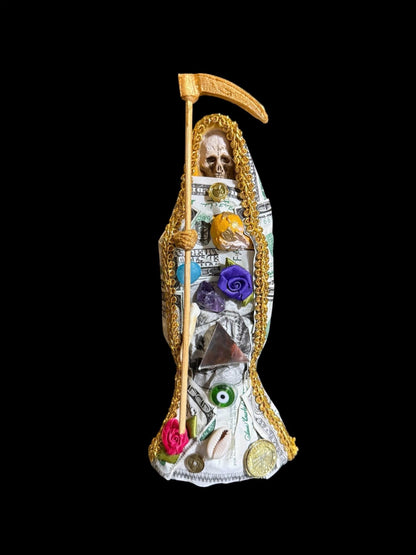 Santa Muerte Money Statue + Abundance + Prosperity + Wealth + Baptized + 24K Gold + Fixed + Made in Mexico