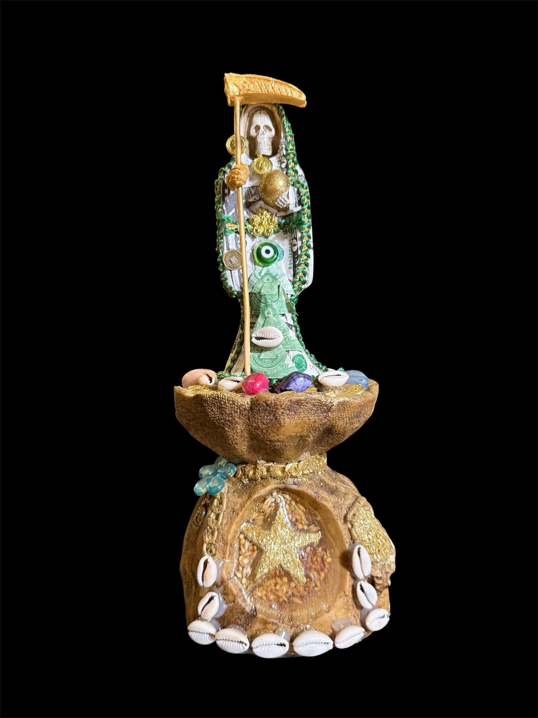 Santa Muerte Money Bag Statue + Abundance + Prosperity + Wealth + Baptized + 24K Gold + Fixed + Made in Mexico