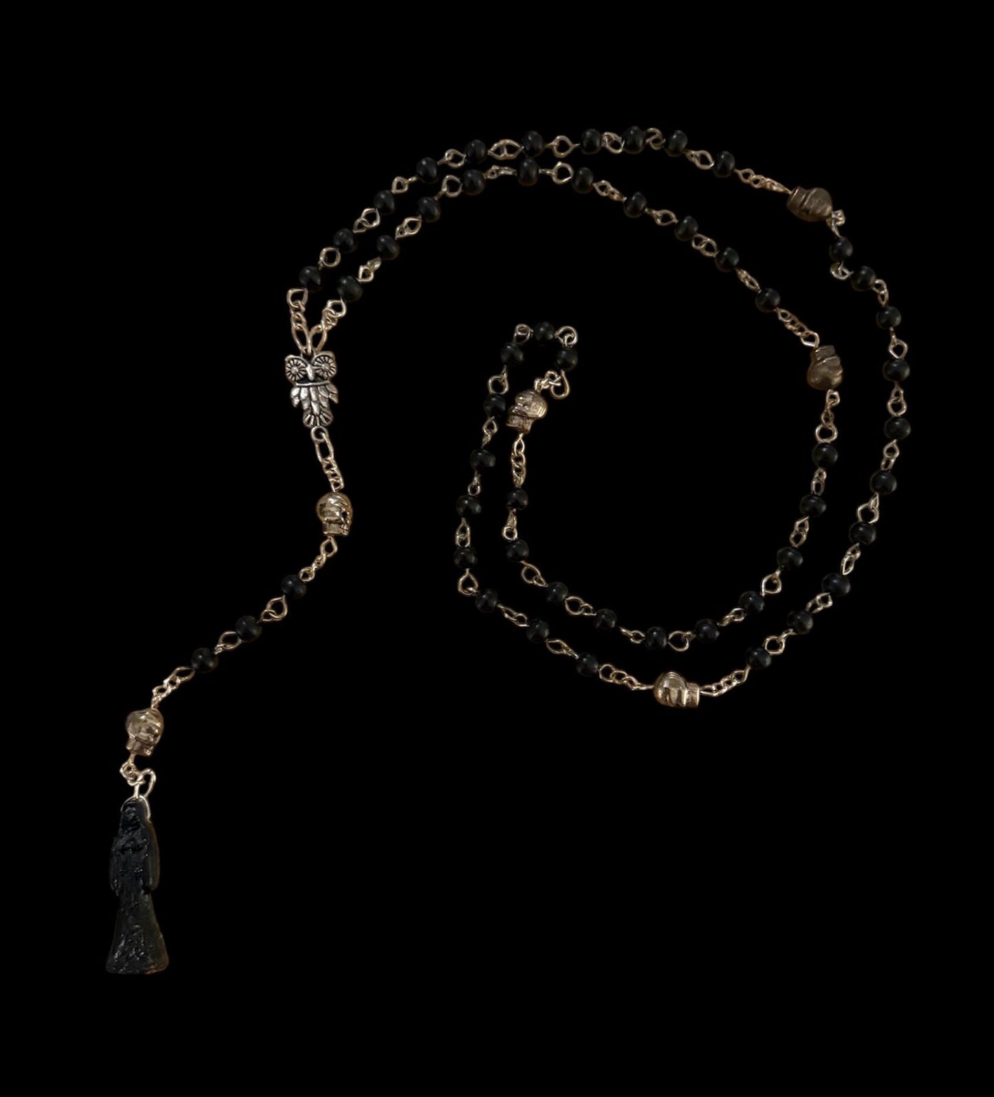 Santa Muerte Negra Rosary with Wood Beads + Protection + Reversing + Blessed + Sterling Silver Plated Chain + Handcrafted + Rosario