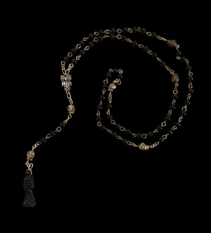 Santa Muerte Negra Rosary with Wood Beads + Protection + Reversing + Blessed + Sterling Silver Plated Chain + Handcrafted + Rosario