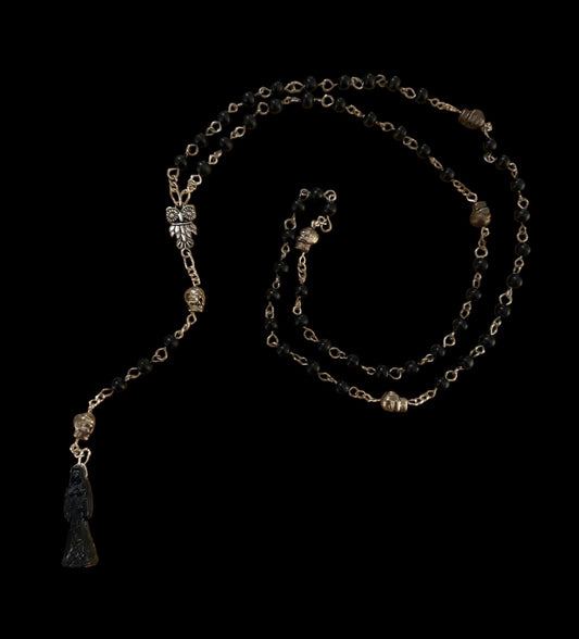 Santa Muerte Negra Rosary with Wood Beads + Protection + Reversing + Blessed + Sterling Silver Plated Chain + Handcrafted + Rosario