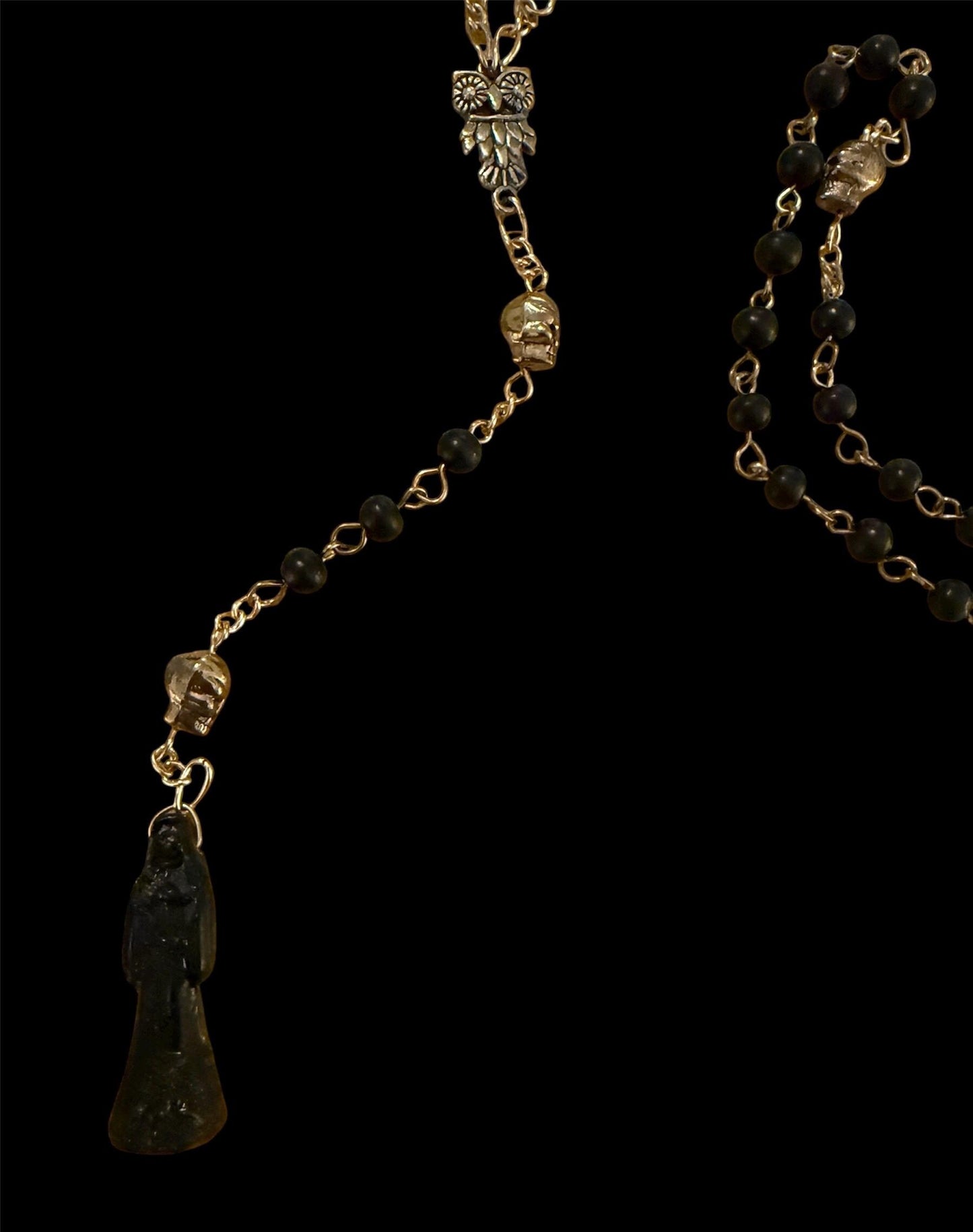 Santa Muerte Negra Rosary with Wood Beads + Protection + Reversing + Blessed + Sterling Silver Plated Chain + Handcrafted + Rosario