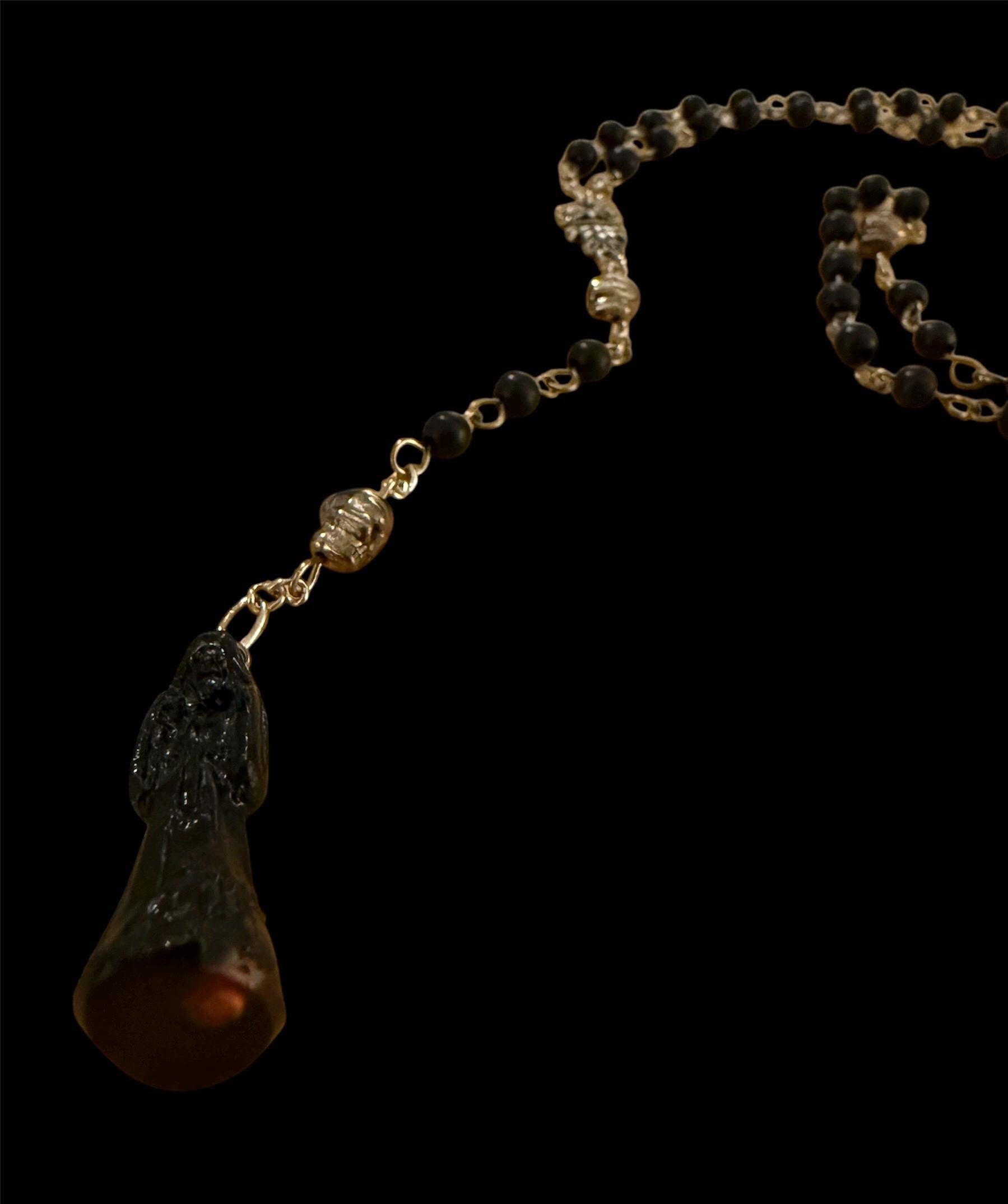 Santa Muerte Negra Rosary with Wood Beads + Protection + Reversing + Blessed + Sterling Silver Plated Chain + Handcrafted + Rosario