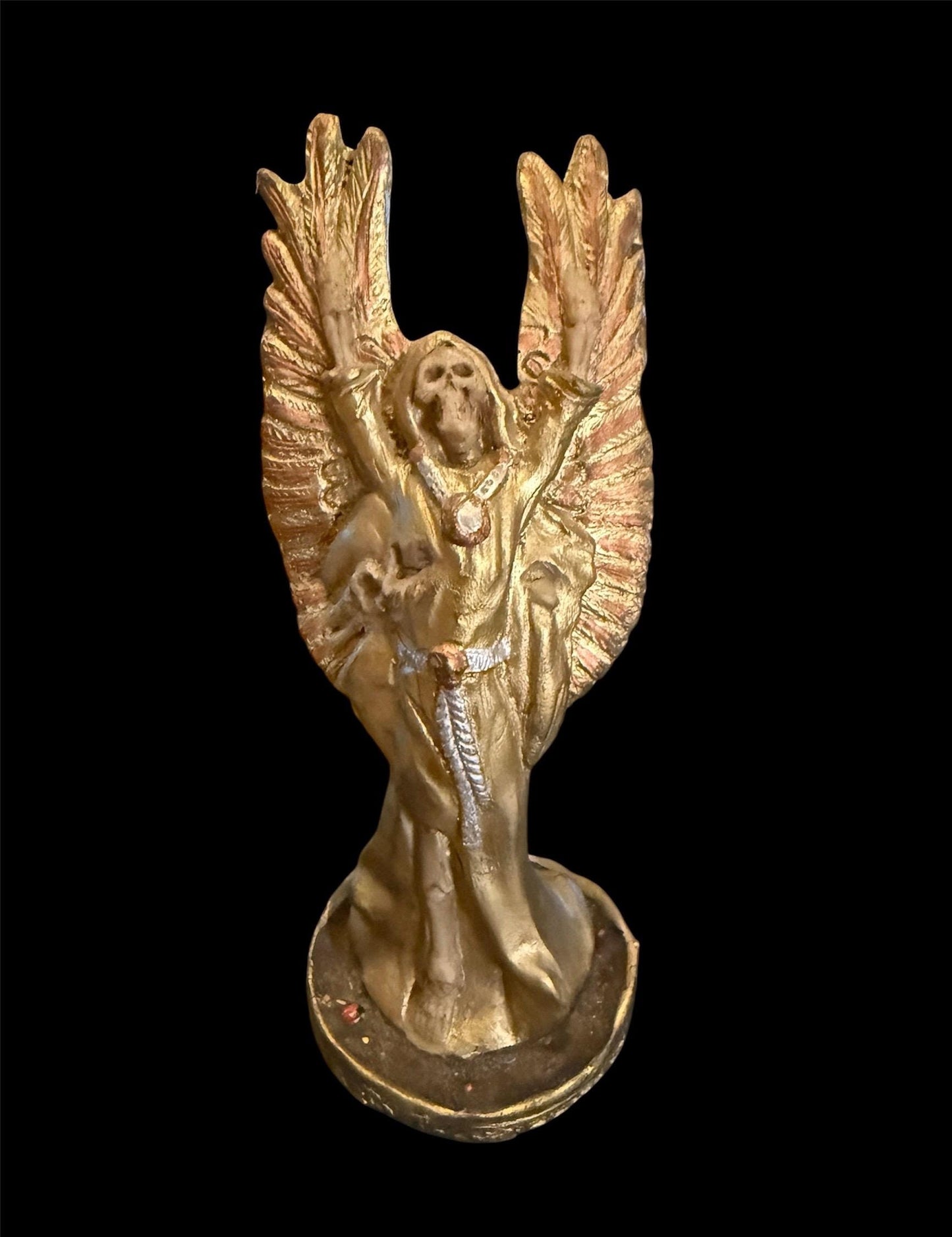 Vintage Santa Muerte Dorada with Wings + Gold + Victory + Prosperity + Money + Baptized + Fixed + Made in Mexico