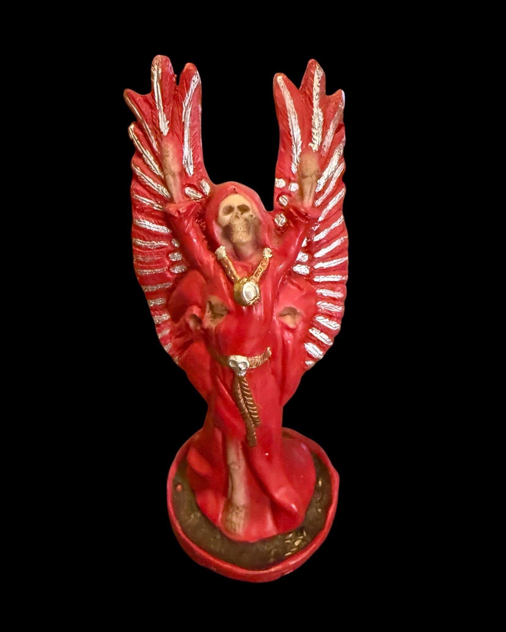 Vintage Santa Muerte Roja with Wings + Love + Victory + Prosperity + Money + Baptized + Fixed + Made in Mexico