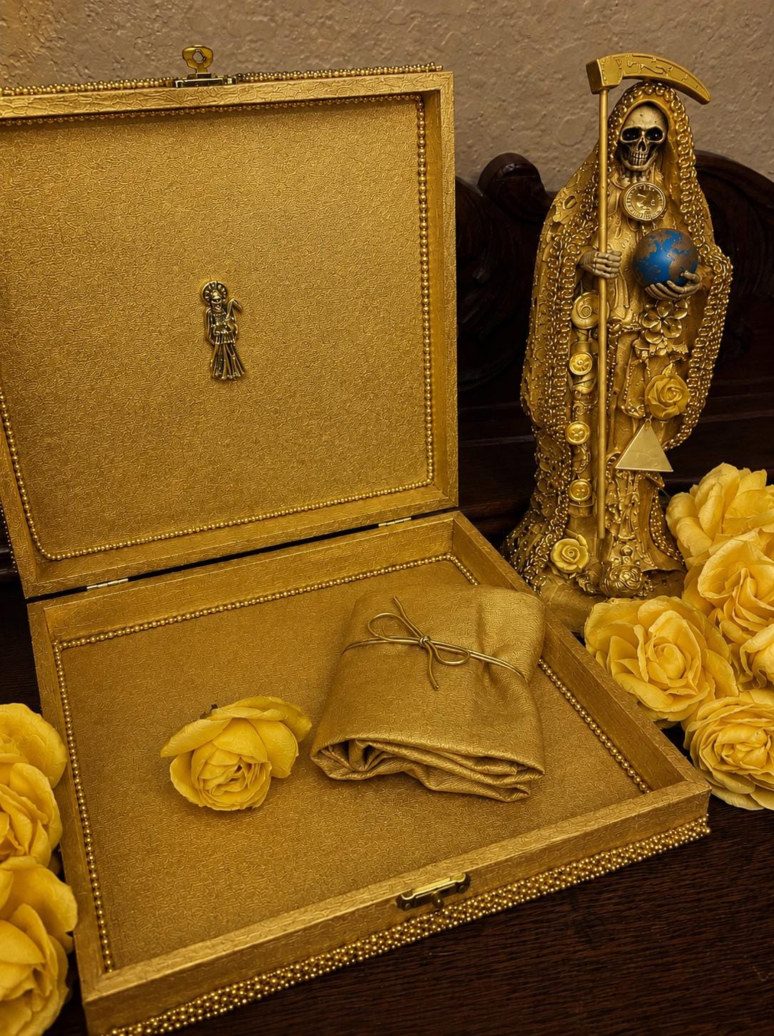 Santa Muerte Dorada Money Carga + Prosperity + Career + Success + Money + Luck + Business Elevation + Gambling + Amuleto + Gold + Oro