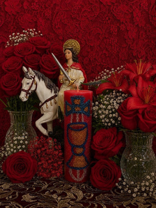 Saint Barbara Protection Hand-Carved Candle + Victory + Justice + Students