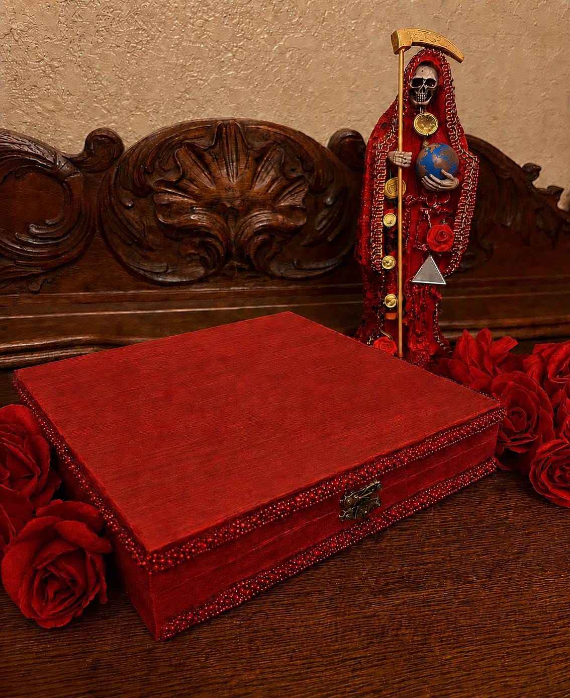 Santa Muerte Roja Carga + Love + Passion + Domination + Fertility + Money + Fixed Statue + Santisima Muerte