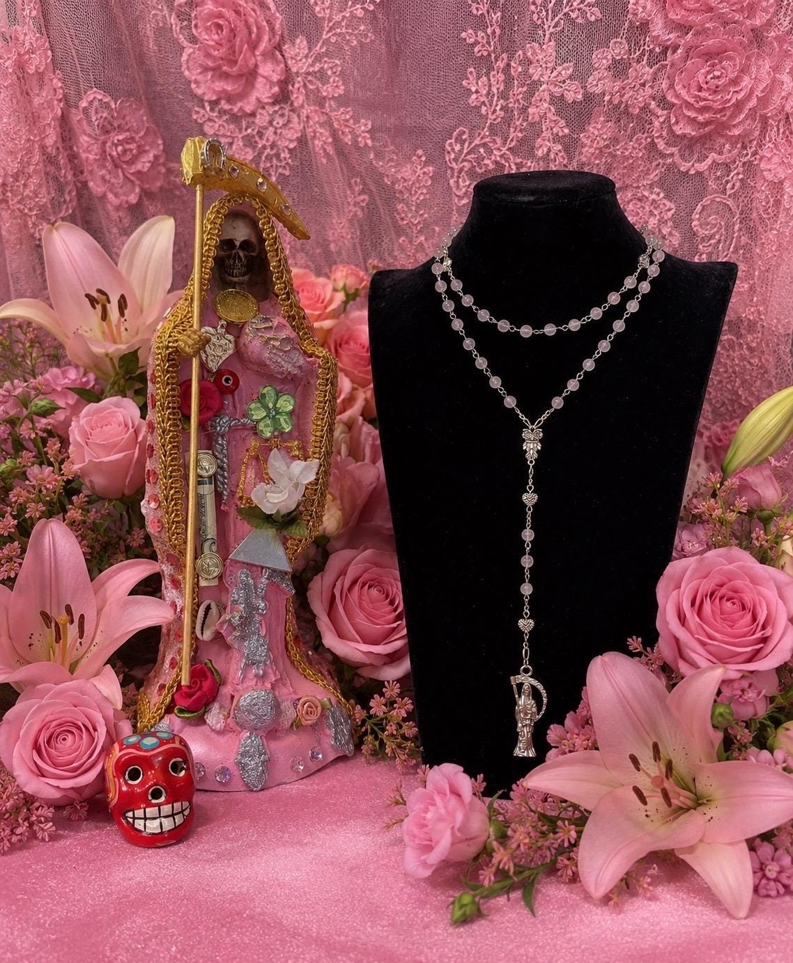 Santa Muerte Rosada Rosary + Love + Rose Quartz + Pink + Sterling Silver Plated Chain + Handcrafted + Gemstone + Rosario