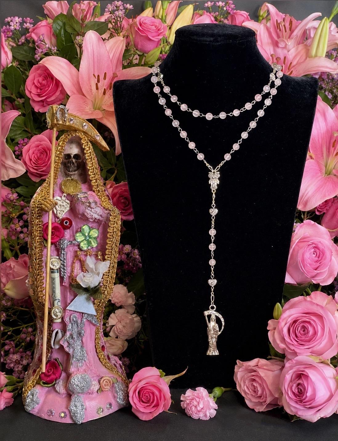 Santa Muerte Rosada Rosary + Love + Rose Quartz + Pink + Sterling Silver Plated Chain + Handcrafted + Gemstone + Rosario