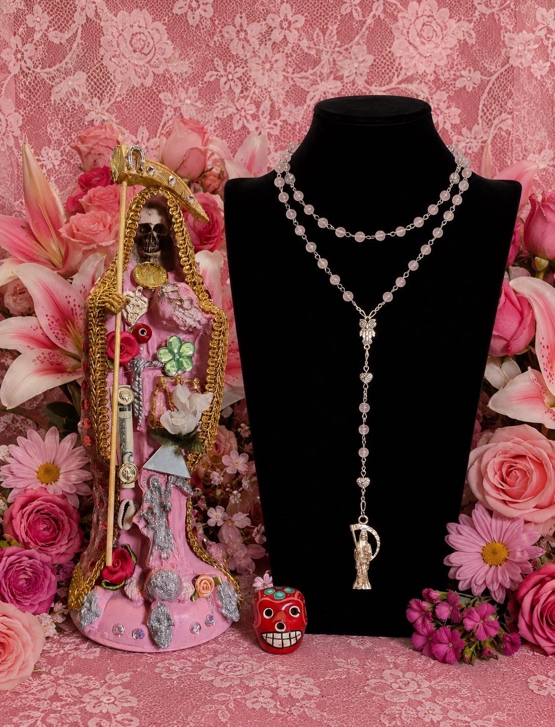 Santa Muerte Rosada Rosary + Love + Rose Quartz + Pink + Sterling Silver Plated Chain + Handcrafted + Gemstone + Rosario