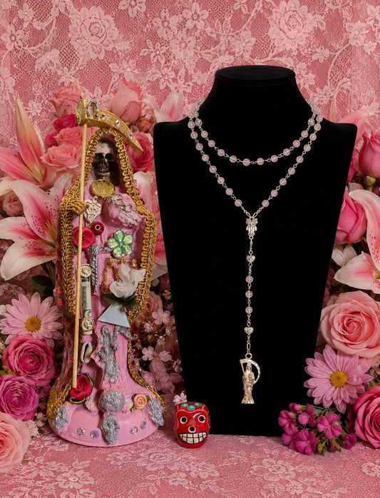 Santa Muerte Rosada Rosary + Love + Rose Quartz + Pink + Sterling Silver Plated Chain + Handcrafted + Gemstone + Rosario