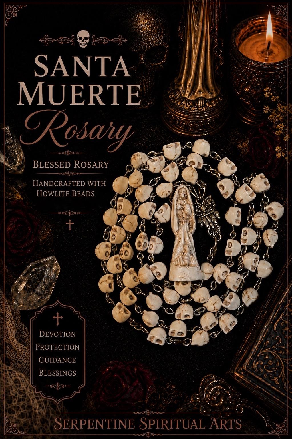 Santa Muerte Hueso (Bone) Rosary + Sterling Silver Plated Chain + Handcrafted + Blessed + Rosario