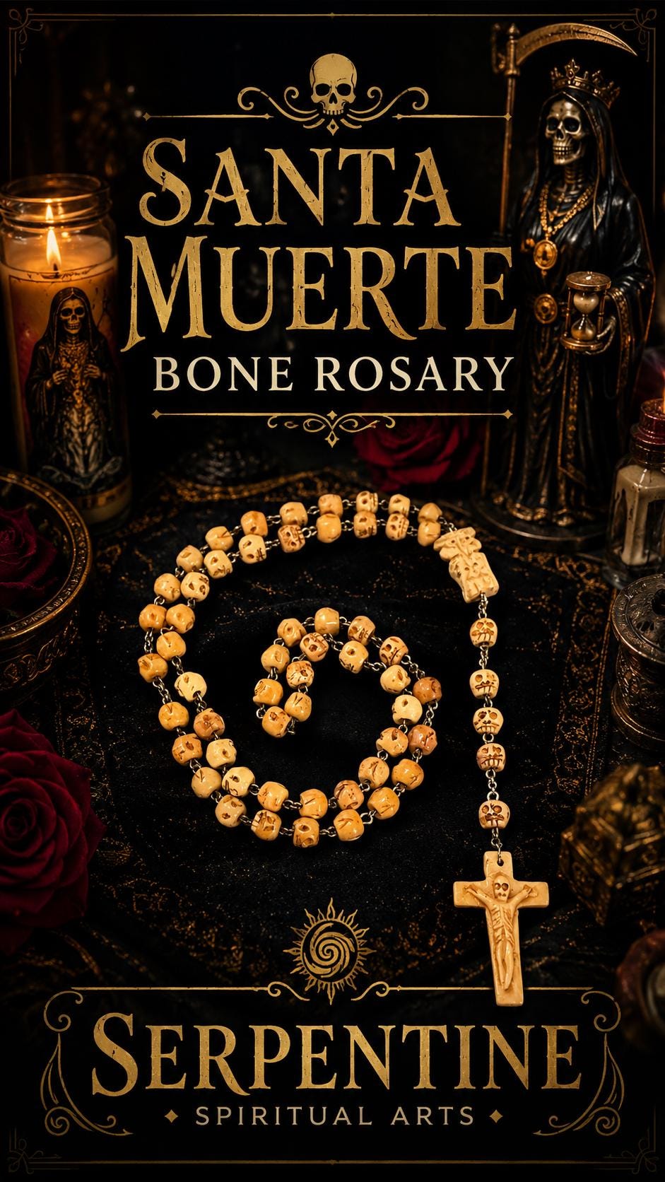 Santa Muerte Rosary with Bone Beads & Cross + Hueso + Blessed + Sterling Silver Plated Chain + Handcrafted + Rosario
