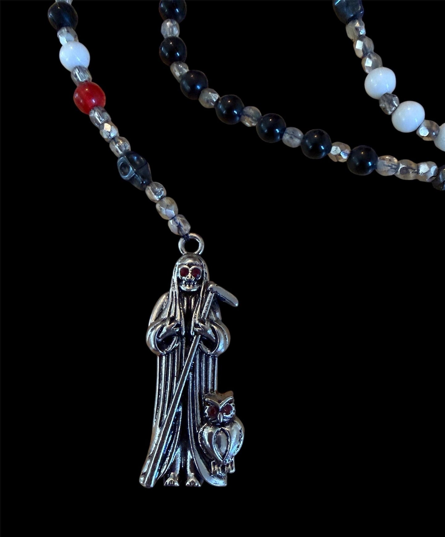 Santa Muerte 3 Robes Rosary + Gemstone + Blessed + Protection + Traditional Colors + Hilo + Handcrafted + Rosario + All-Purpose + Tricolor