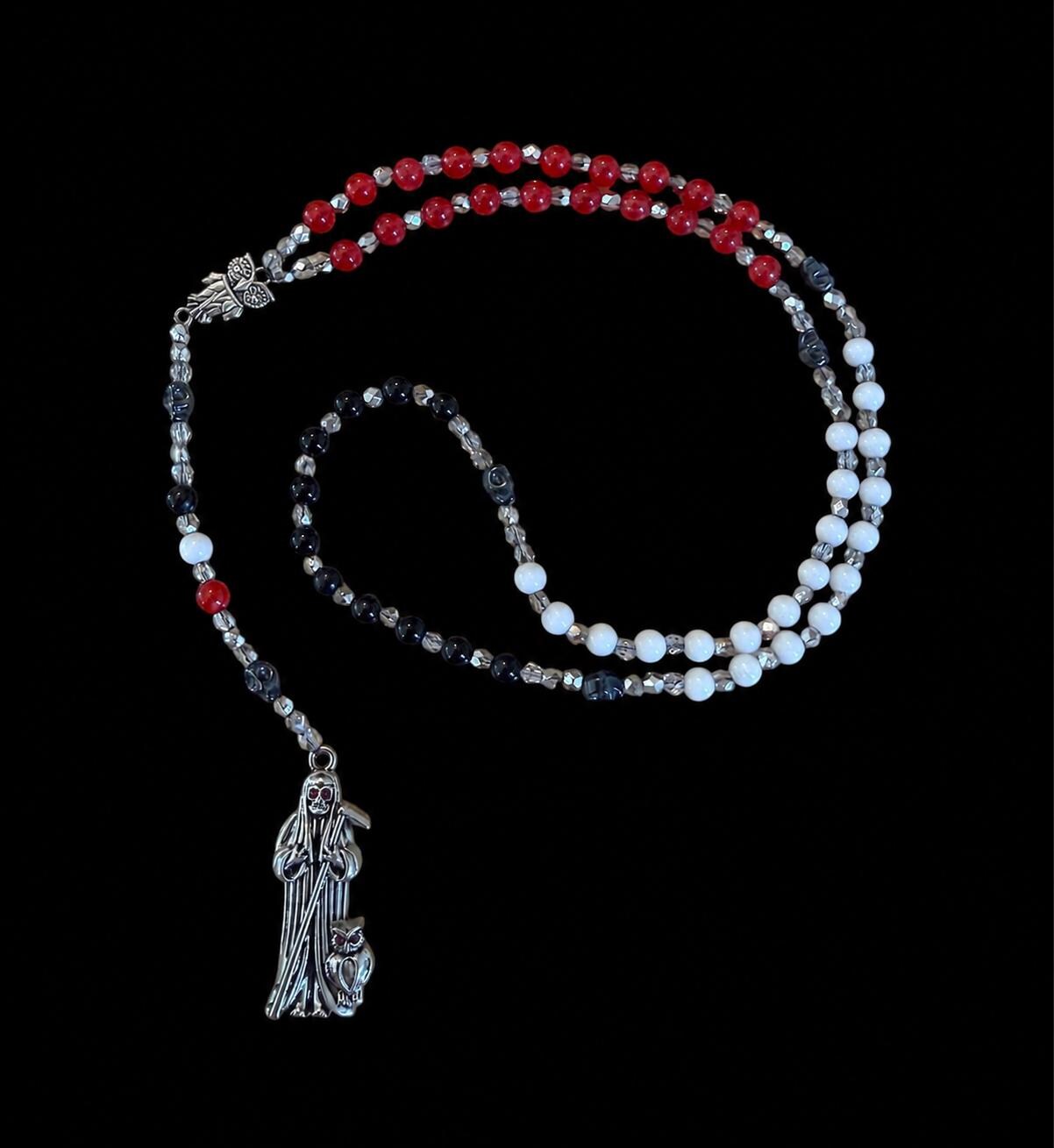 Santa Muerte 3 Robes Rosary + Gemstone + Blessed + Protection + Traditional Colors + Hilo + Handcrafted + Rosario + All-Purpose + Tricolor
