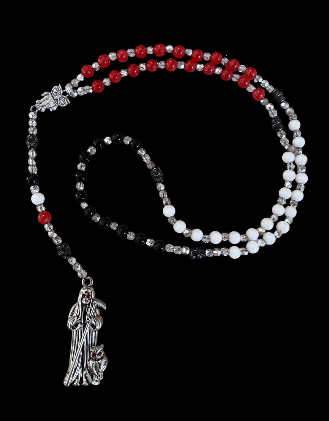 Santa Muerte 3 Robes Rosary + Gemstone + Blessed + Protection + Traditional Colors + Hilo + Handcrafted + Rosario + All-Purpose + Tricolor
