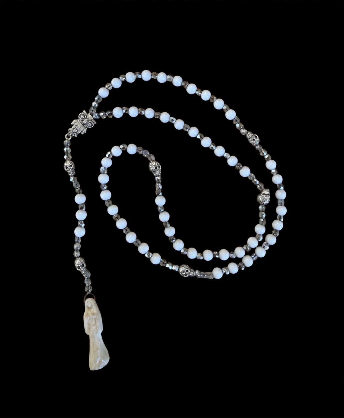 Santa Muerte Blanca Rosary de Hilo + Gemstone + Alabaster + Handcrafted + Rosario