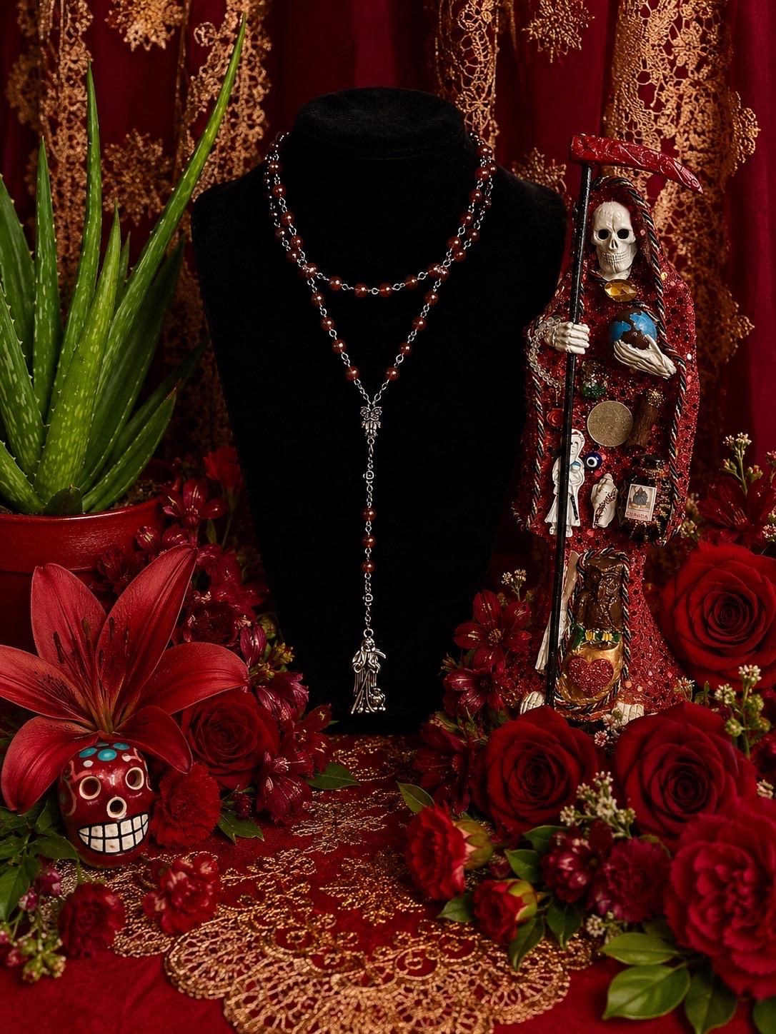 Santa Muerte Roja Rosary + Carnelian + Handcrafted + Gemstone + Sterling Silver Plated Chain + Rosario