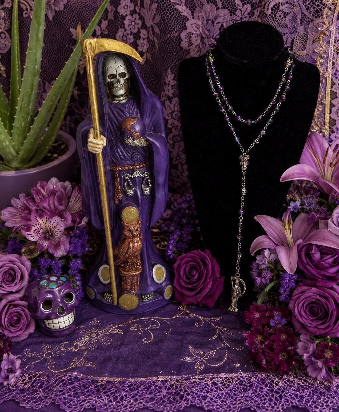 Santa Muerte Morada Rosary + Psychic Vision + Amethyst + Blessed + Purple + Gemstone + Handcrafted + Sterling Silver Chain + Rosario