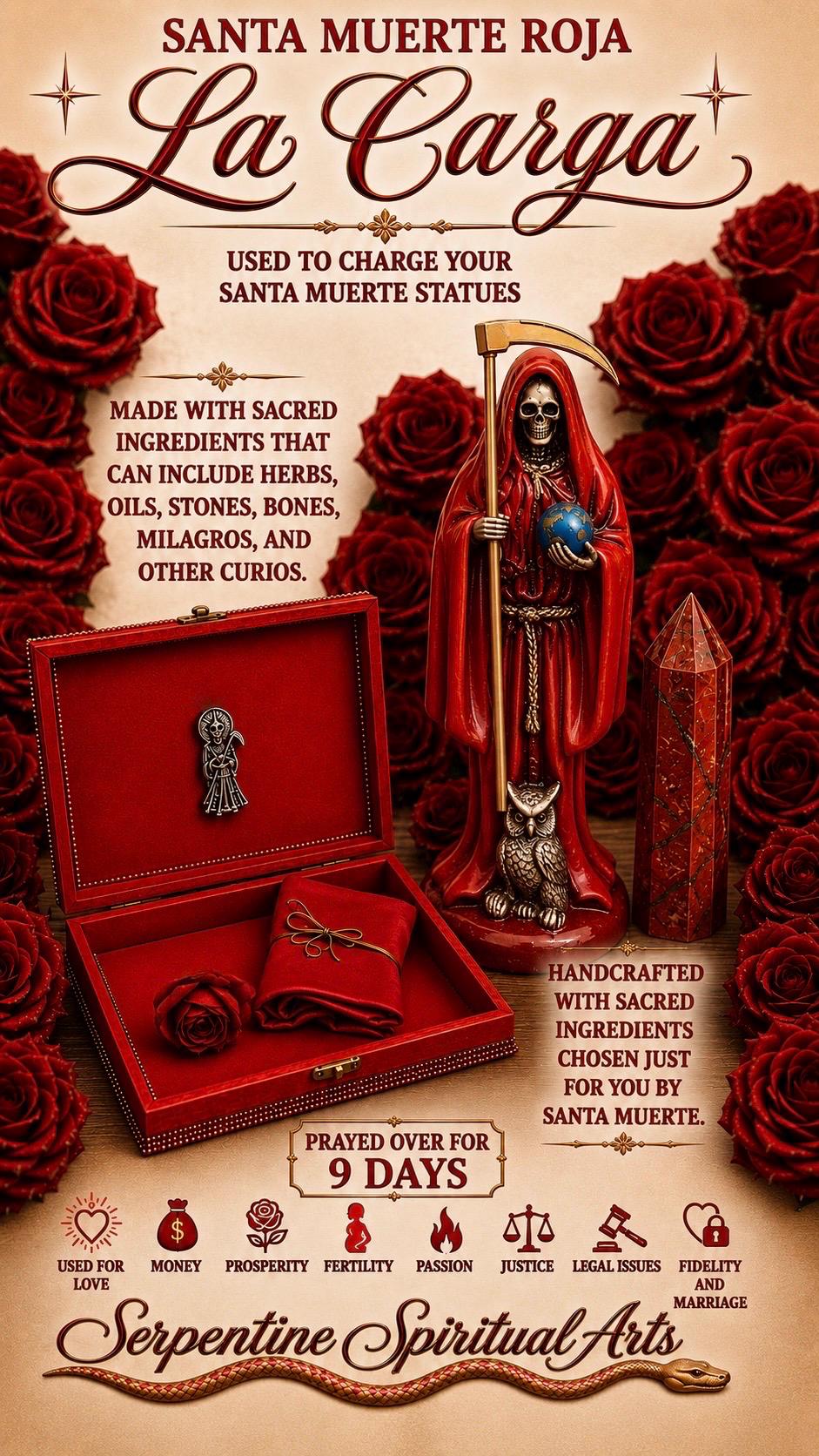 Santa Muerte Roja Carga + Love + Passion + Domination + Fertility + Money + Fixed Statue + Santisima Muerte