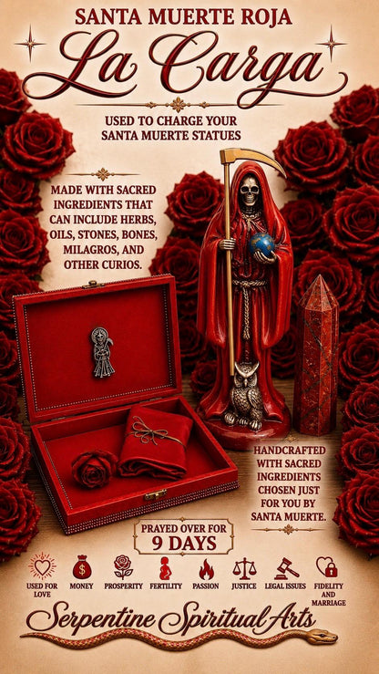 Santa Muerte Roja Carga + Love + Passion + Domination + Fertility + Money + Fixed Statue + Santisima Muerte