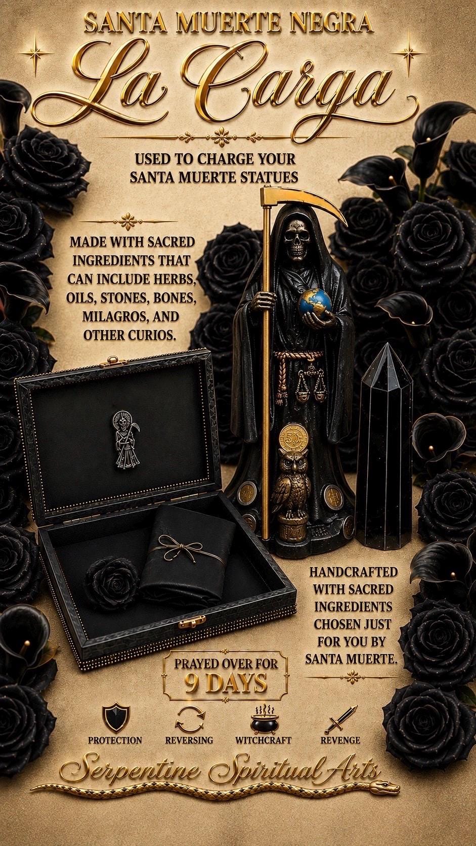 Santa Muerte Negra Carga + Reversing + Hexing + Protection + Necromancy + Fixed Statue + Santisima Muerte