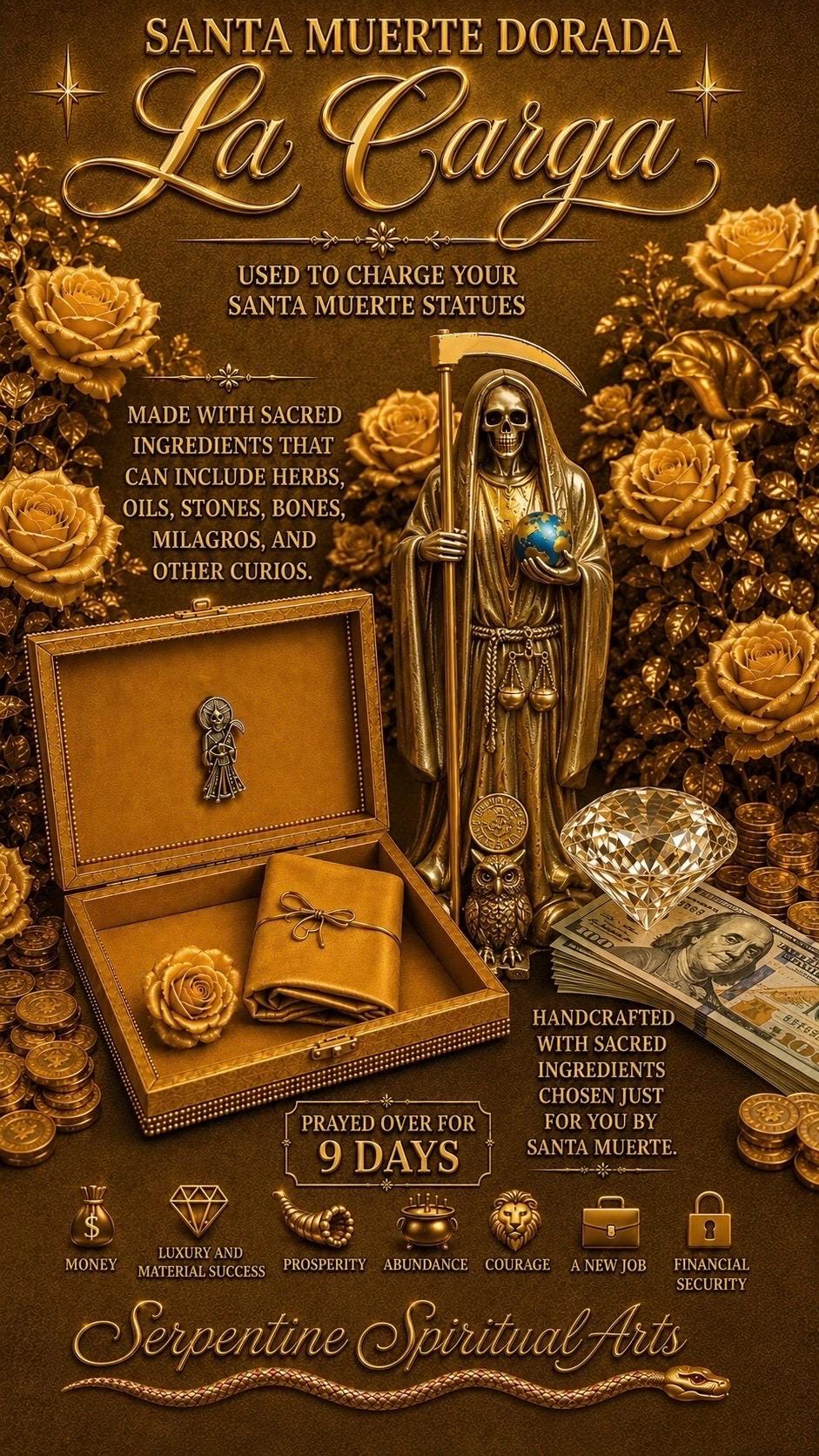 Santa Muerte Dorada Money Carga + Prosperity + Career + Success + Money + Luck + Business Elevation + Gambling + Amuleto + Gold + Oro