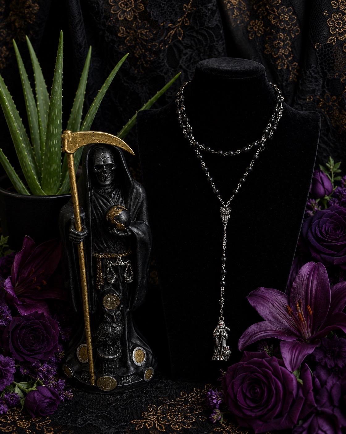 Santa Muerte Negra Rosary + Obsidian + Sterling Silver Plated Chain + Gemstone + Rosario