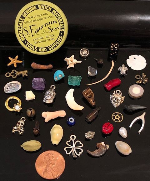 Medium Vintage Fargostein Tinned Travel Bone, Shell, and Trinket Divination Collection (40 Pieces)