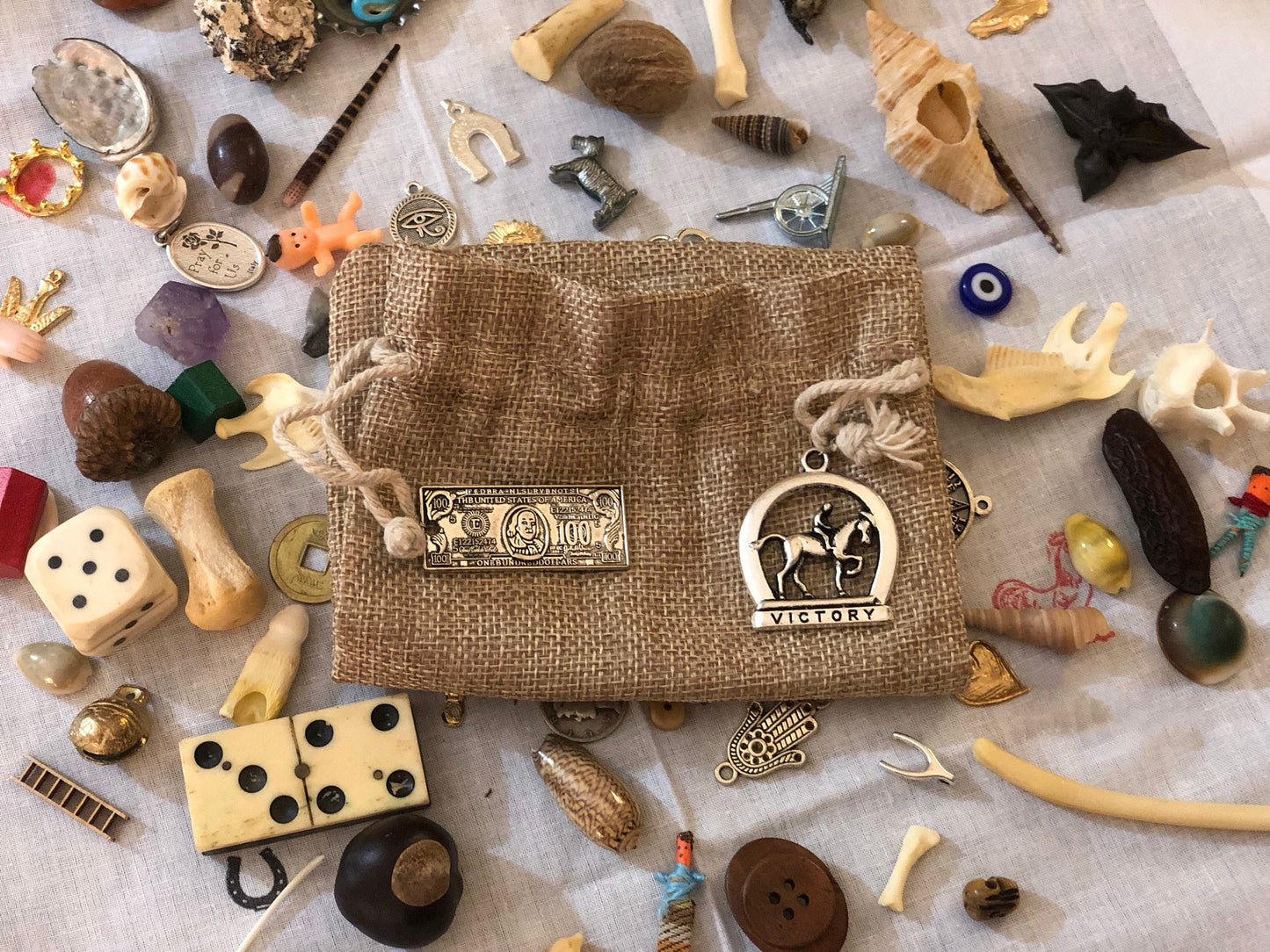 LAST ONE! Deluxe Burlap Bone, Shell, and Trinket Divination Collection (121 Pieces)