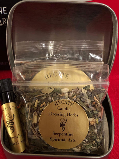 Conjunto de amostras de óleo, incenso e ervas para preparar velas de Hécate + Rainha das bruxas