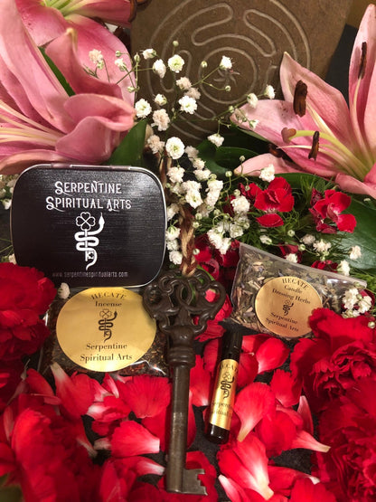 Conjunto de amostras de óleo, incenso e ervas para preparar velas de Hécate + Rainha das bruxas