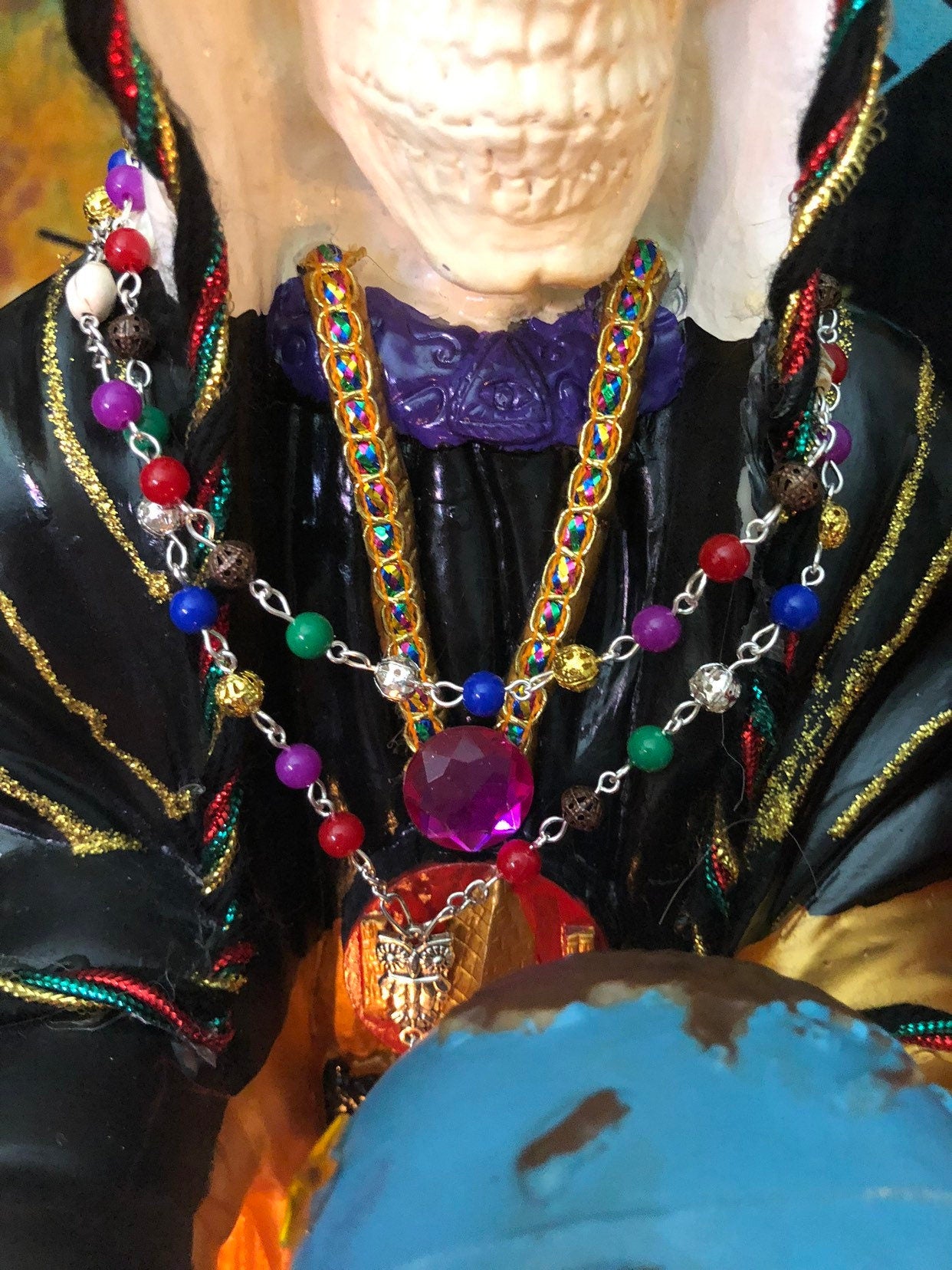 Santa Muerte Siete Colores Rosary + Sterling Silver Plated Chain + Handcrafted + Rosario