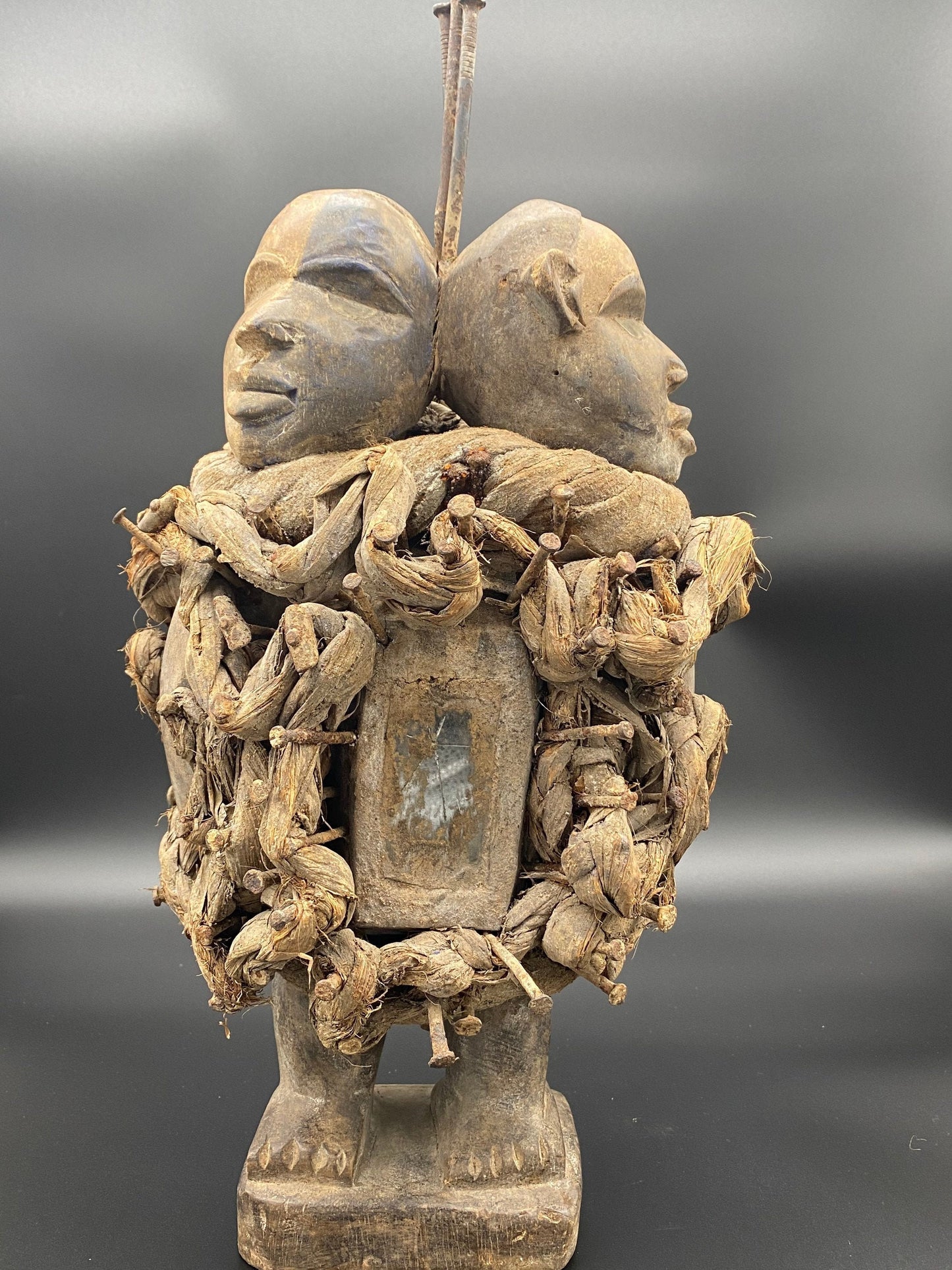 Last One! Large Nkisi Two-Headed Statue with Glass + Fetish from Kongo for Protection + One of a Kind
