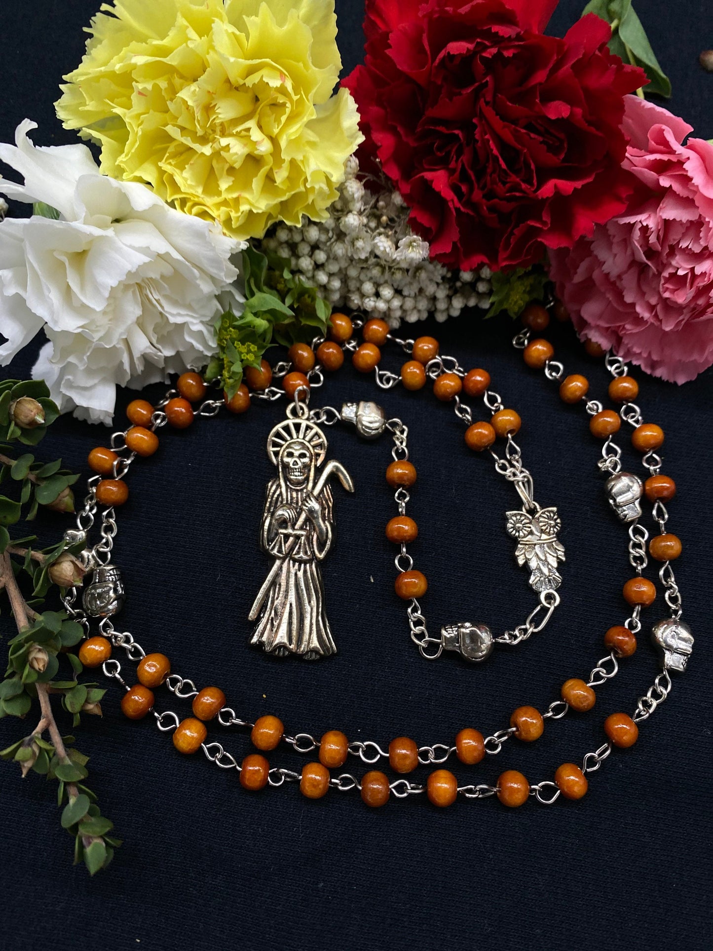 Santa Muerte Marron Rosary with Wood Beads & Santa Muerte Charm + Sterling Silver Plated Chain + Handcrafted + Rosario