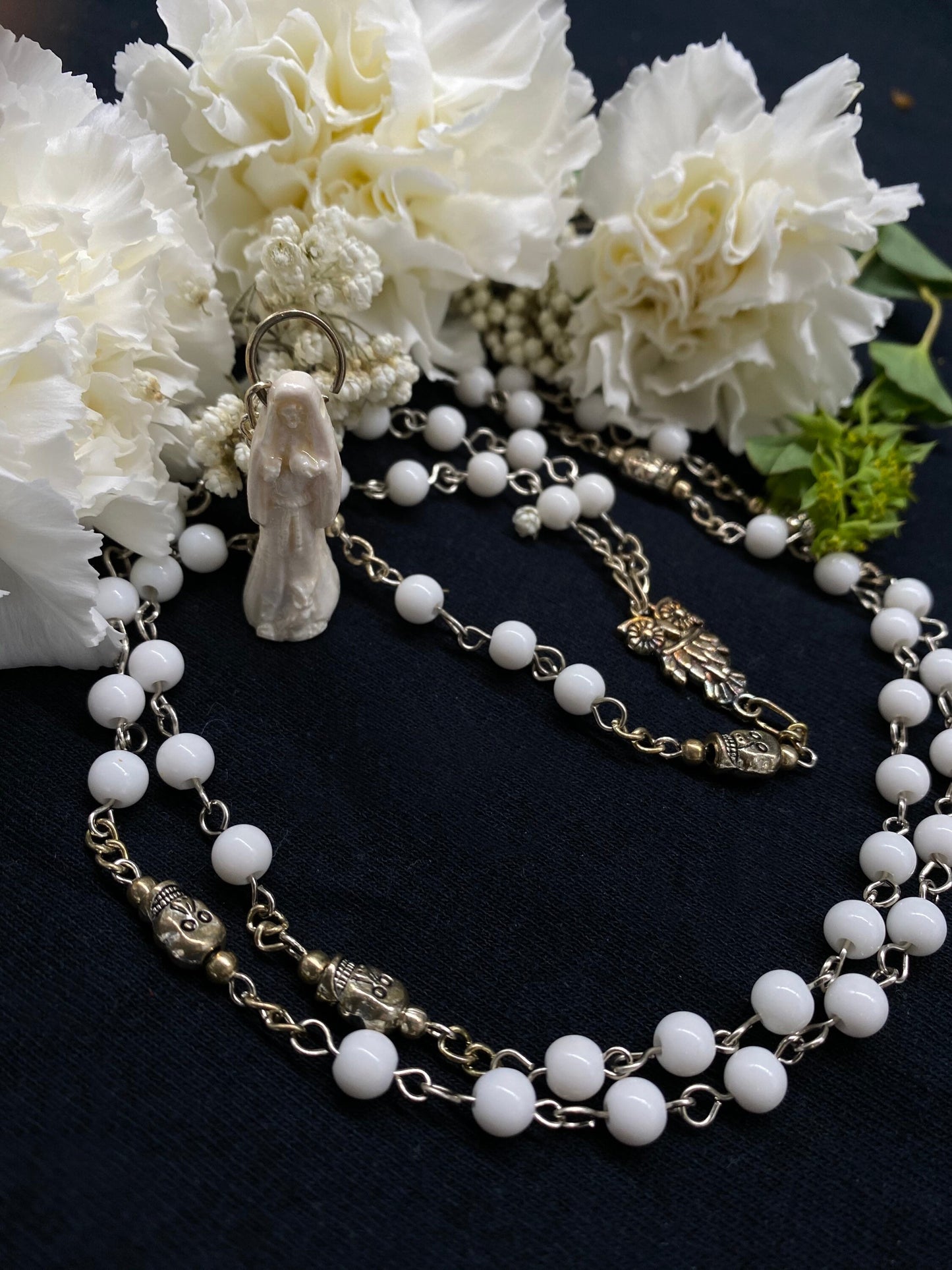 Santa Muerte Blanca Rosary + Gemstone + Blessed + Sterling Silver Plated Chain + Handcrafted + Rosario