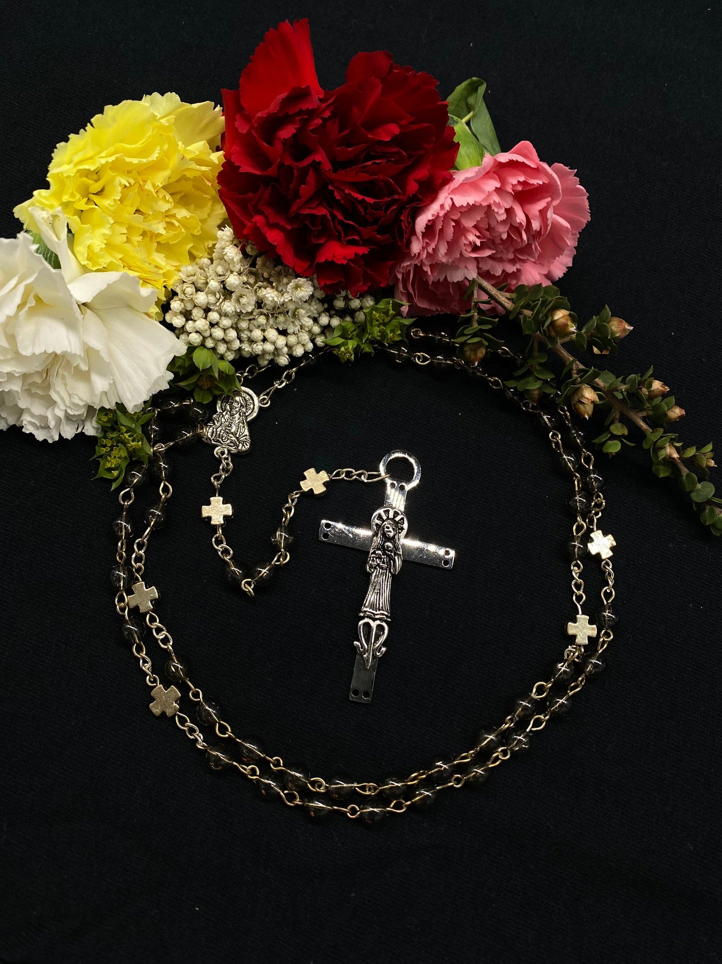 Santa Muerte Rosary with Smoky Beads & Santa Muerte Cross + Sterling Silver Plated Chain + Handcrafted + Rosario
