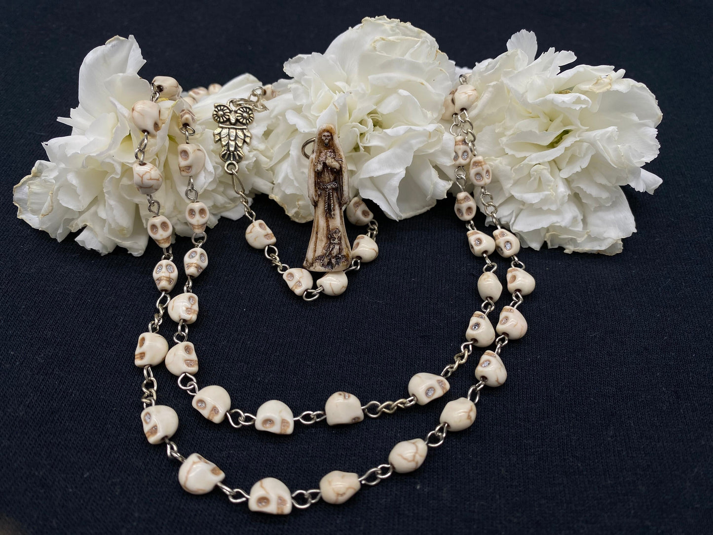 Santa Muerte Huesa / Bone Rosary + Sterling Silver Plated Chain + Handcrafted + Rosario