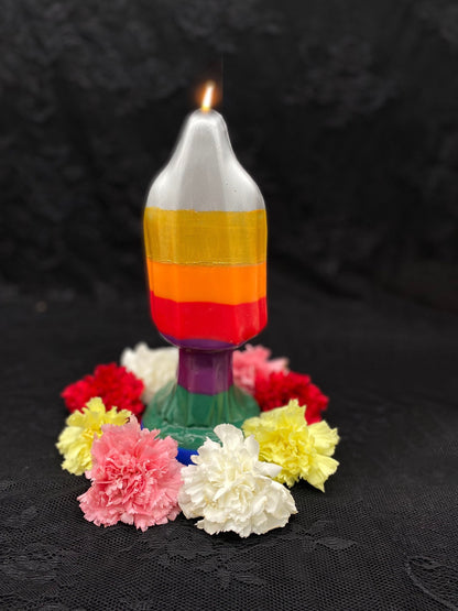 Vela pintada de La Santa Muerte Siete Colores + Abençoada + Ouro 24K + Prata de lei