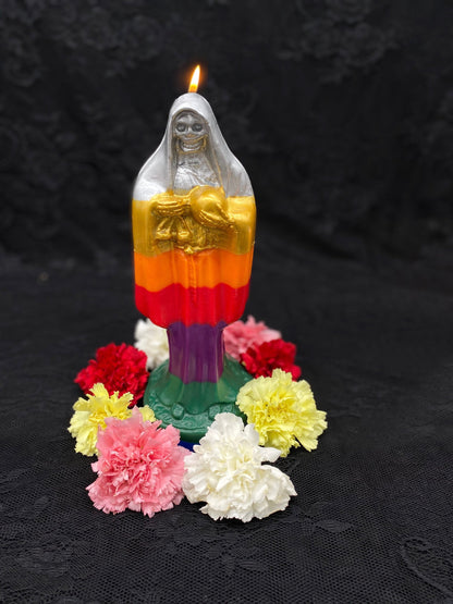 Vela pintada de La Santa Muerte Siete Colores + Abençoada + Ouro 24K + Prata de lei