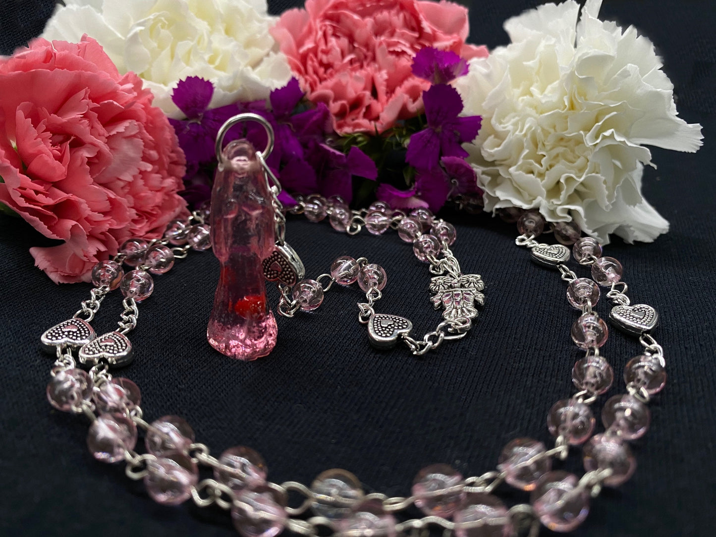 Santa Muerte Rosada / Pink Rosary + Transparent + Sterling Silver Plated Chain + Handcrafted + Rosario