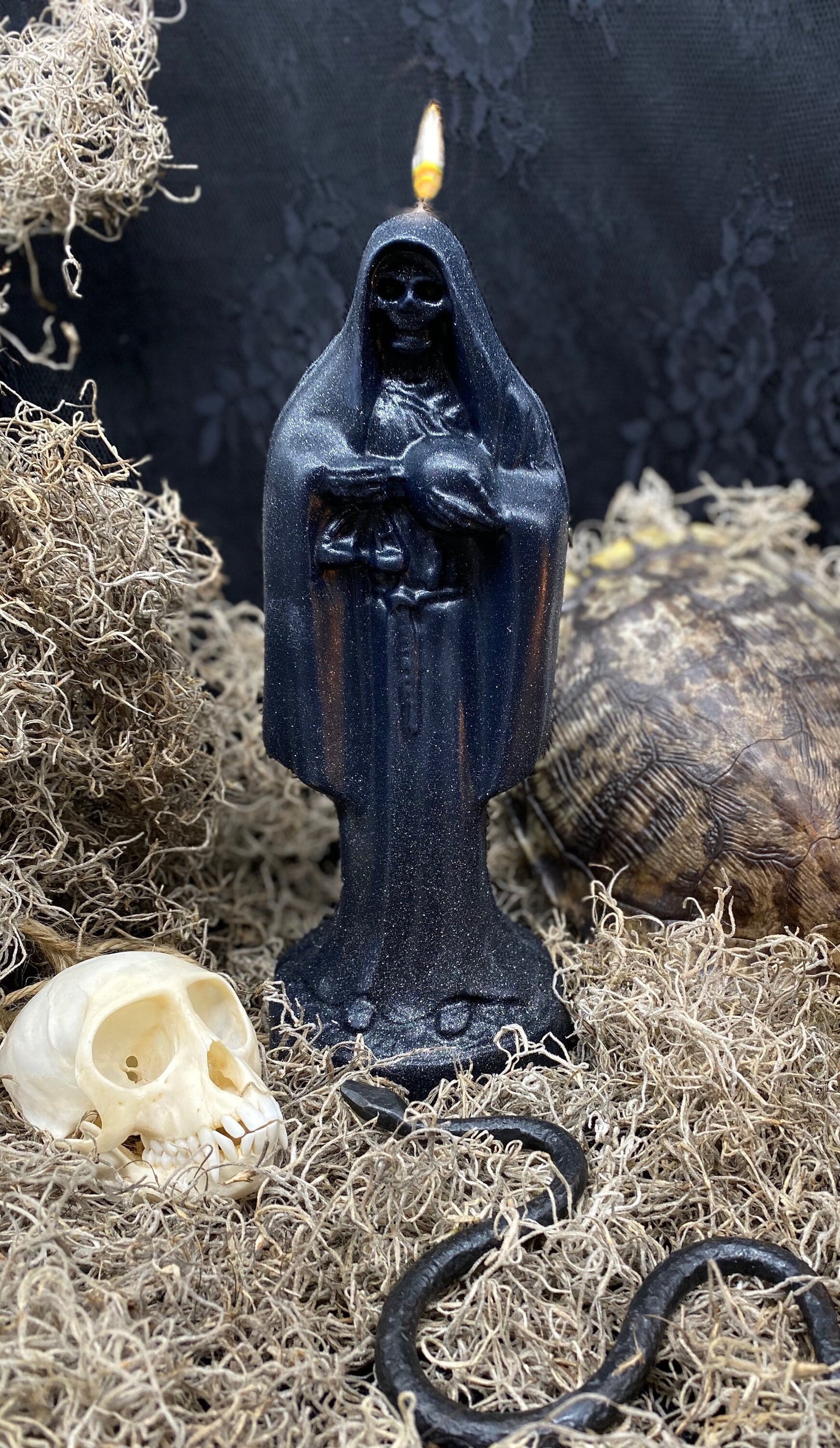 Vela Santa Muerte Negra + Protección + Encuadernación + Inversión + Oro 24K